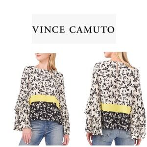 Vince Camuto Women's Printed Tiered-Bell-Sleeve Top White Birch S